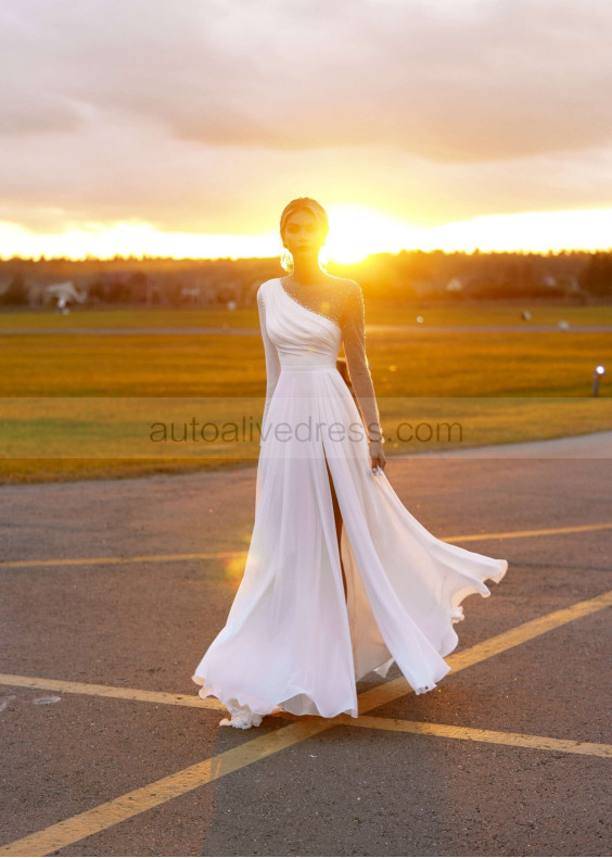 Long Sleeves Beaded White Chiffon Tulle Slit Wedding Dress